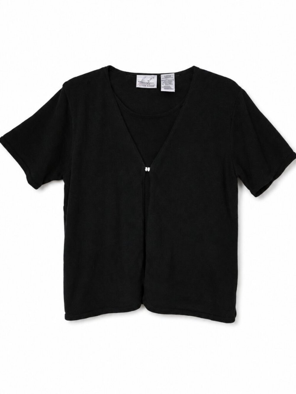 Kathie Lee Black Clasp Short Sleeve Top w/ Built In Undershirt - L